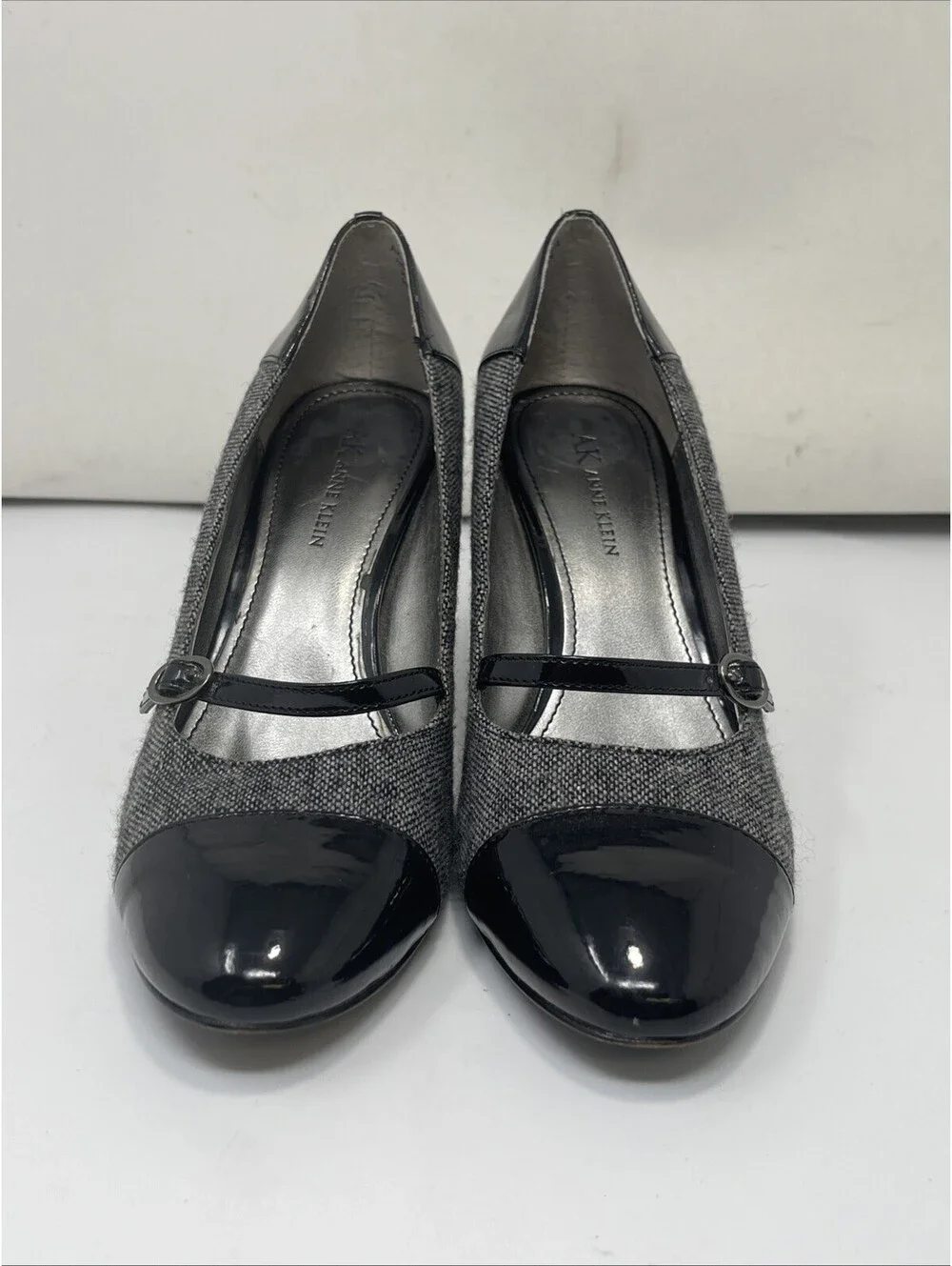 Anne Klein Mary Jane Heel Women's 7.5 SWEET PEA Black Fabric Patent Pump 3.5